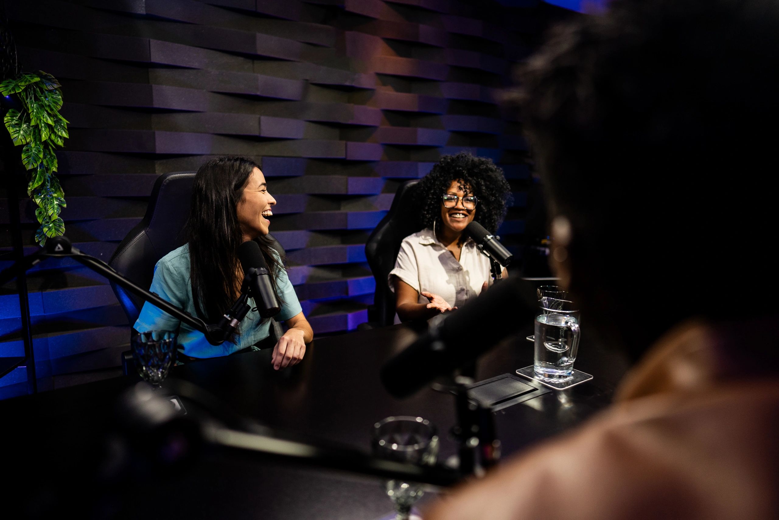 Podcast or live stream studio conversation with microphones